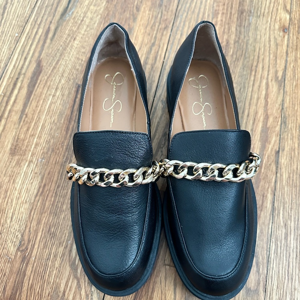 Jessica Simpson Black Leather Loafers with Gold Chain